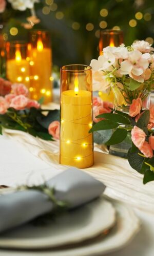 Honey Gold Acrylic Glass LED Pillar Candles with Fairy Lights – Set of 3 Candles with a Remote